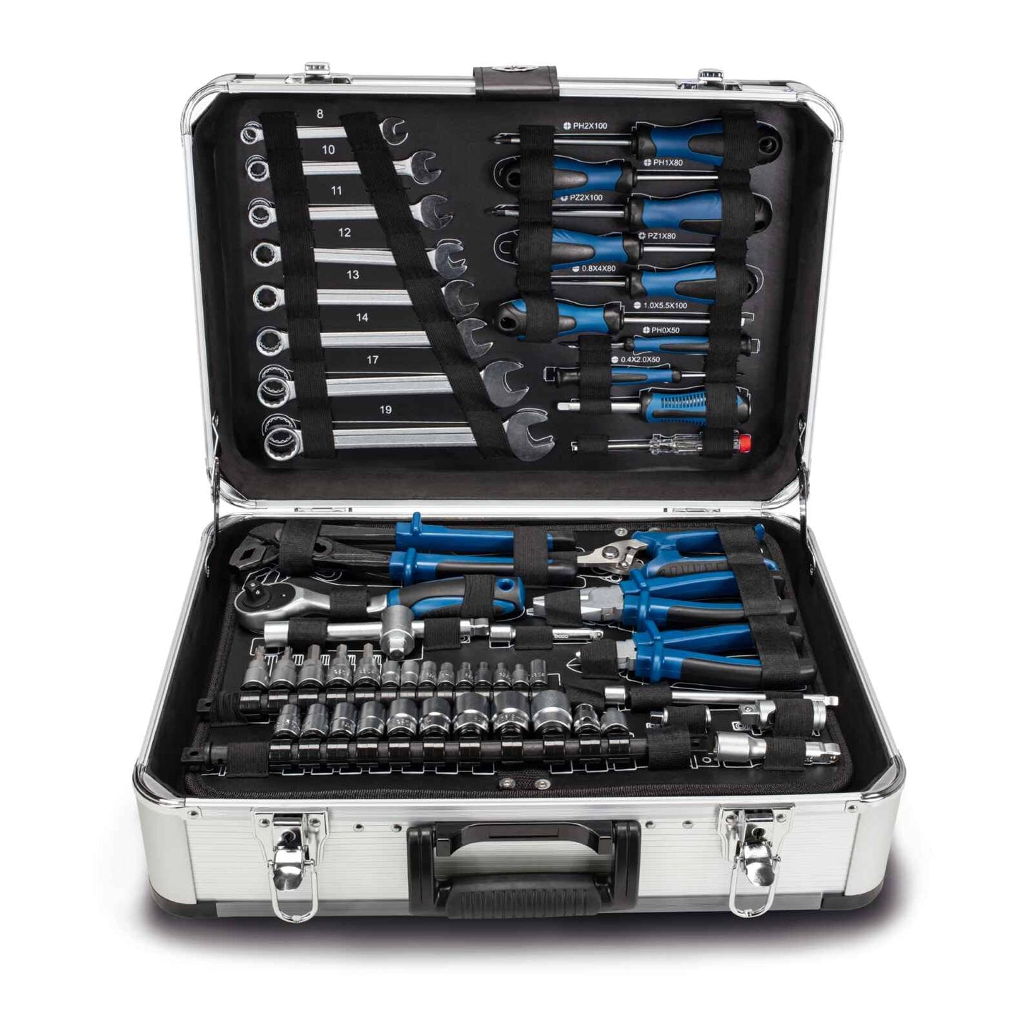 Scheppach TB150 Aluminum Tool Box filled with 101-piece Tool Set | Workshop case with wrench, hammer, pliers, screwdriver, and common tools, Ideal for workshop & household.