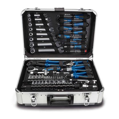Scheppach TB150 Aluminum Tool Box filled with 101-piece Tool Set | Workshop case with wrench, hammer, pliers, screwdriver, and common tools, Ideal for workshop & household.