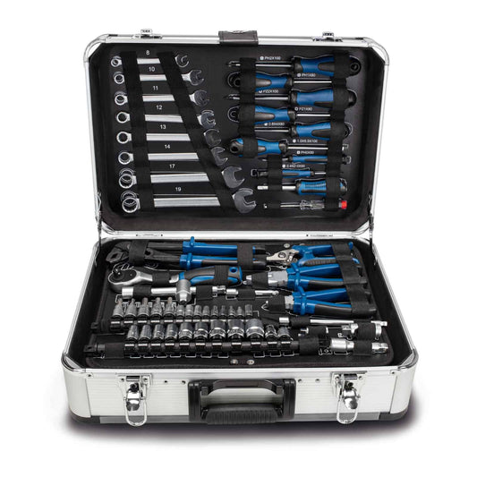 Scheppach TB150 Aluminum Tool Box filled with 101-piece Tool Set | Workshop case with wrench, hammer, pliers, screwdriver, and common tools, Ideal for workshop & household.