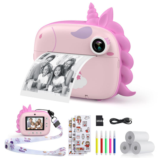 HiMont Children's Camera Instant Camera, Digital Camera for Kids with Printing Paper & 32G TF Card, Video Camera with Colorful Pens & Fun Accessories, Gift for Children 3-14 Years Old (Pink)