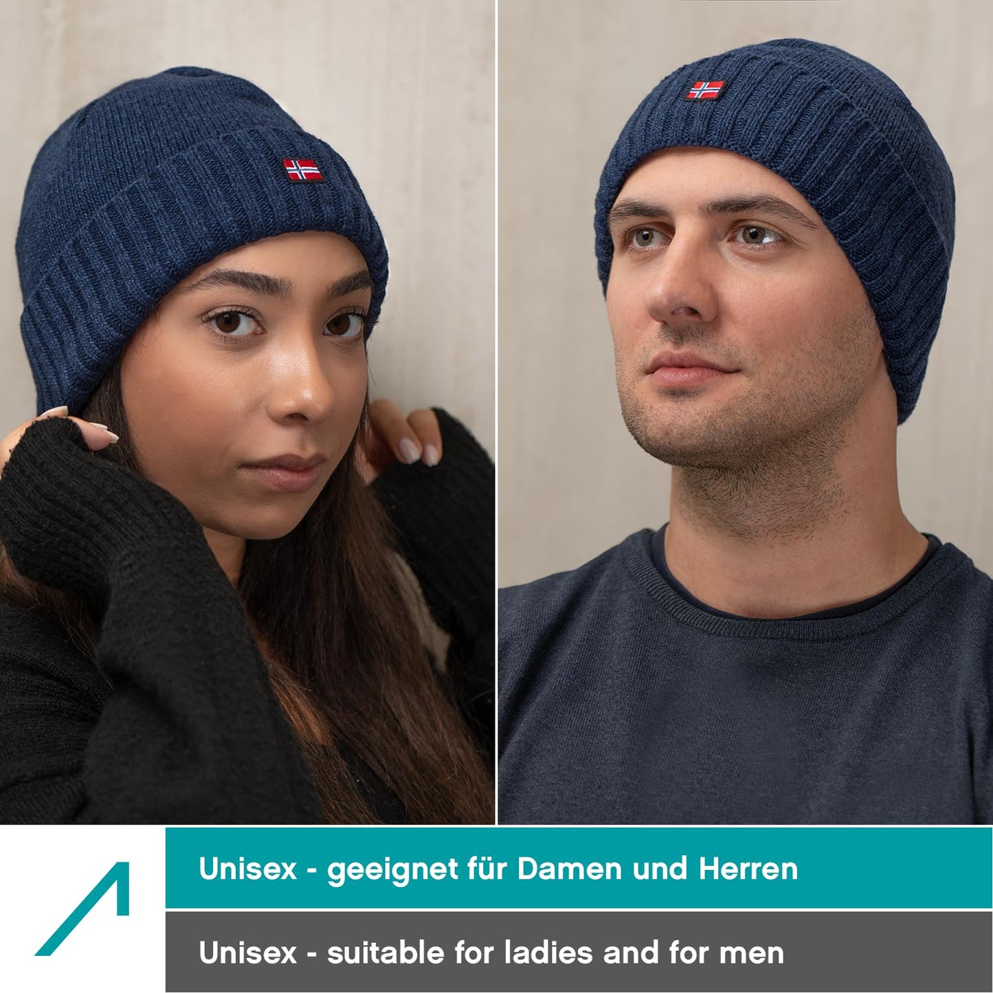 ACE Norway winter hat made from sheep wool - warm knit hat for women & men - soft woolen hat for adults - dark blue