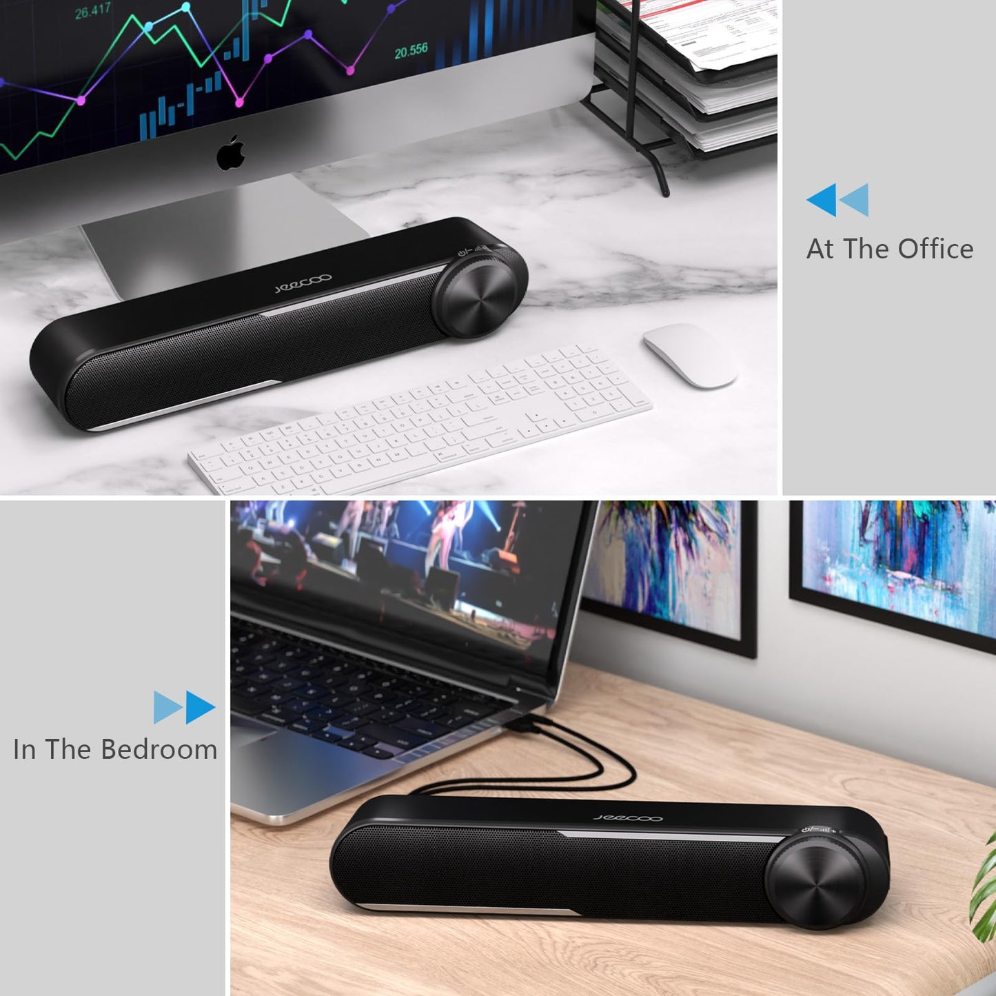 Jeecoo A30 PC speakers, computer speakers for PC, USB powered PC soundbar in black. Speakers for PC, laptop, monitor, iPad, tablets, smartphone (USB+3.5mm)