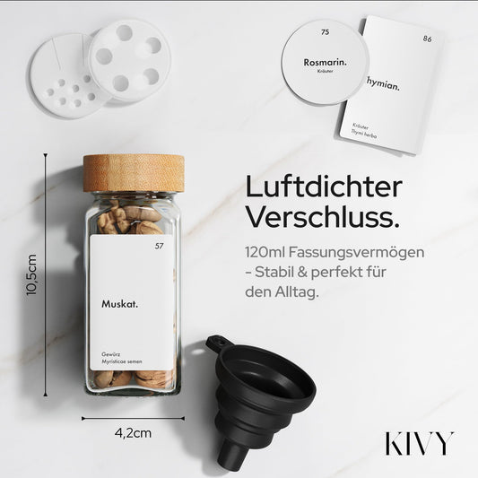 KIVY Spice Rack with Jars | incl. 24 spice jars with labels - Adjustable width - Spice organizer drawer - Spice drawer insert spice storage - Spice insert drawer