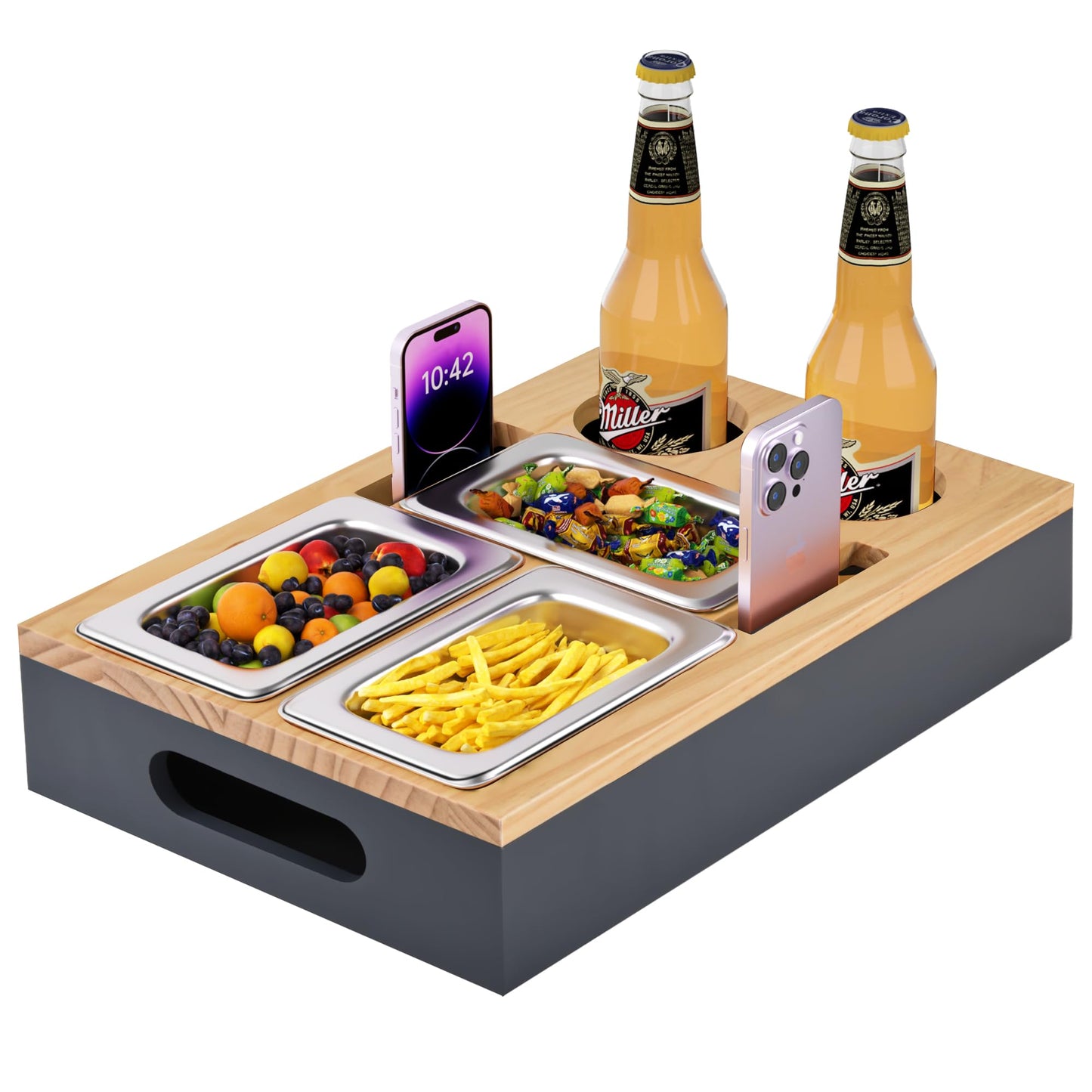 Couch bar snack box, coffee bar with stainless steel snack bowls, bamboo black couch tray, sofa shelf - for bedroom, living room, camping, garden (wood-gray)