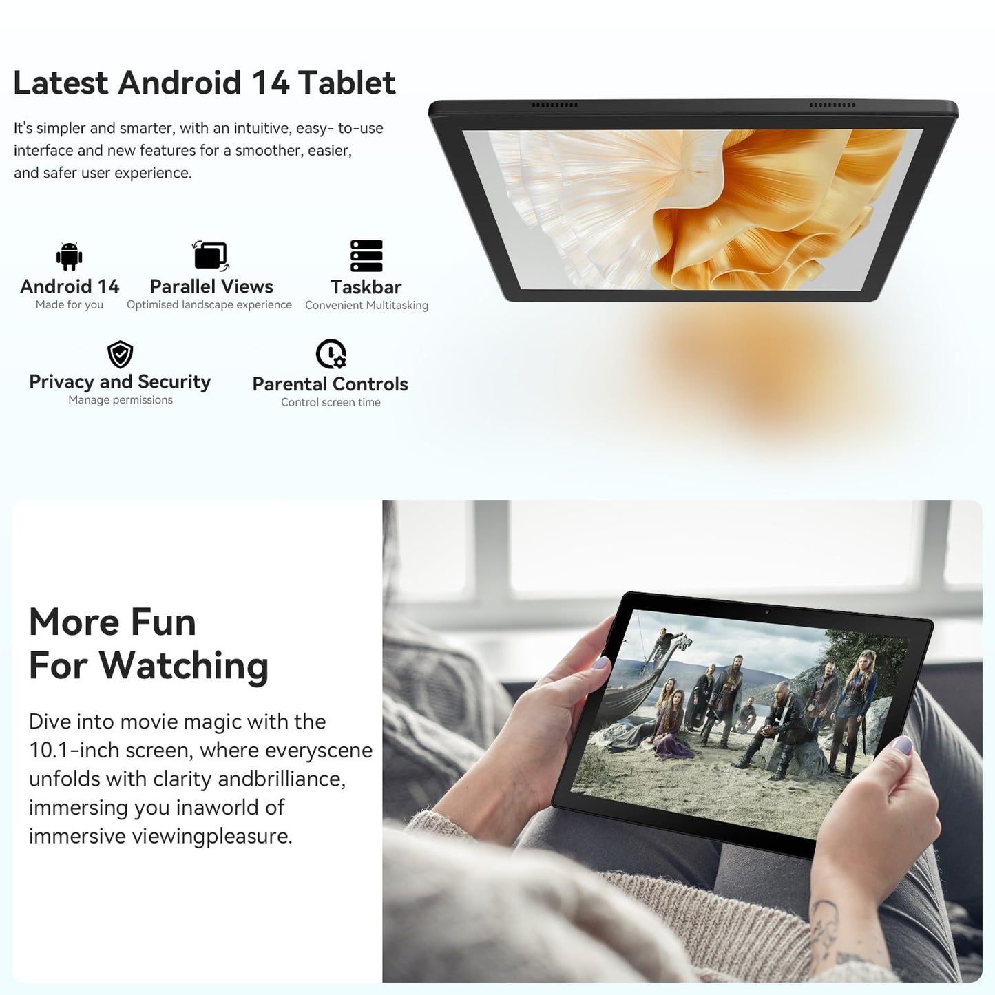 HotLight Tablet 10-inch Octa-Core processor, 10GB+64GB (TF 1TB), Spiritual Aura, WideVine L1, WiFi6, BT 5.3, 5000mAh, Android 14 tablet with USB OTG and Face Recognition, Black