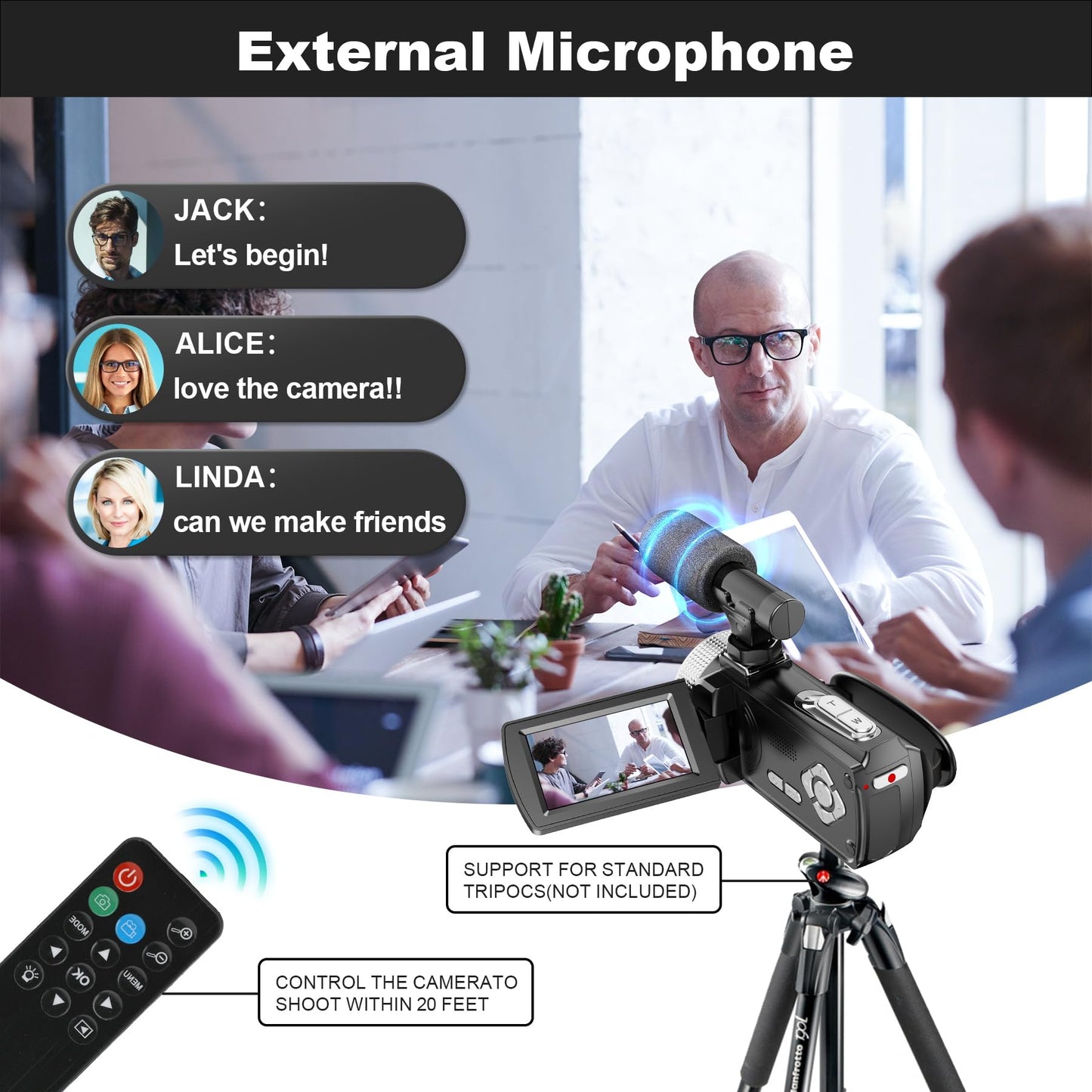 Hojocojo 4K Camcorder 48MP 60FPS, 18X Digital Zoom Webcam Video Camera Vlogging Camera for YouTube with Hand Stabilizer, Lens Hood, Remote Control, 2 Batteries, 32GB SD Card