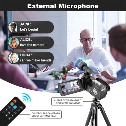 Hojocojo 4K Camcorder 48MP 60FPS, 18X Digital Zoom Webcam Video Camera Vlogging Camera for YouTube with Hand Stabilizer, Lens Hood, Remote Control, 2 Batteries, 32GB SD Card