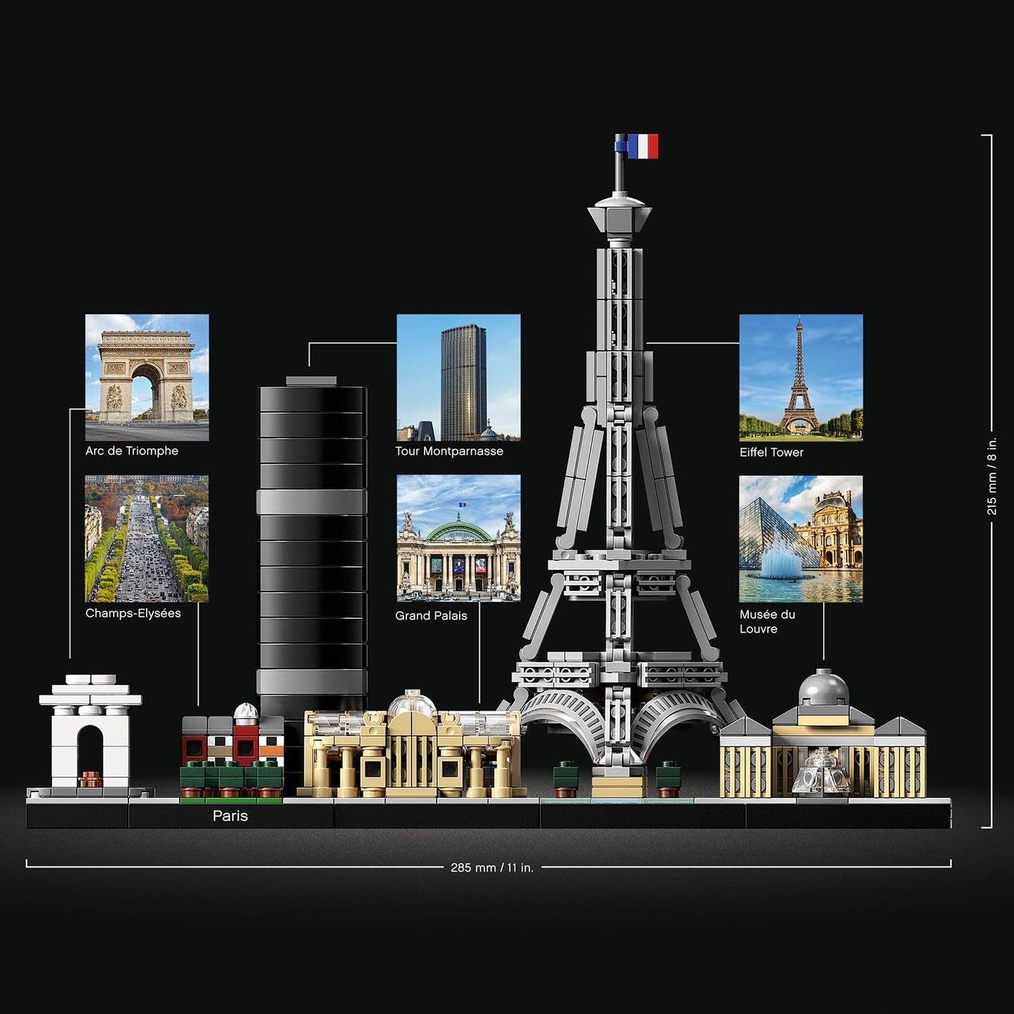 LEGO Architecture Paris, model kit featuring Eiffel Tower, Champs-Élysées, and Louvre model. Skyline collection for home or office decor. Great gift idea for collectors, men, and women. Item number 21044.