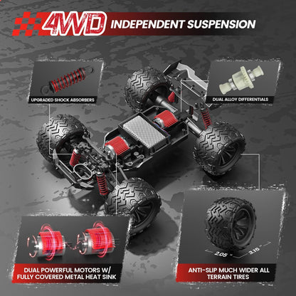 DEERC Remote Control Car, 1:16 Scale RC Car for Adults, 40 KM/H, 4WD All Terrain Off-Road 2.4Ghz RC Crawler with LED Light, 2 Batteries, Toy Gift for Kids