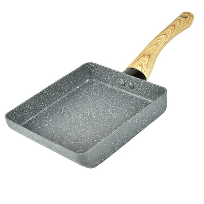 Artcome Japanese omelette pan with non-stick coating. Includes tamagoyaki plate, silicone spatula, and brush. Available in gray.