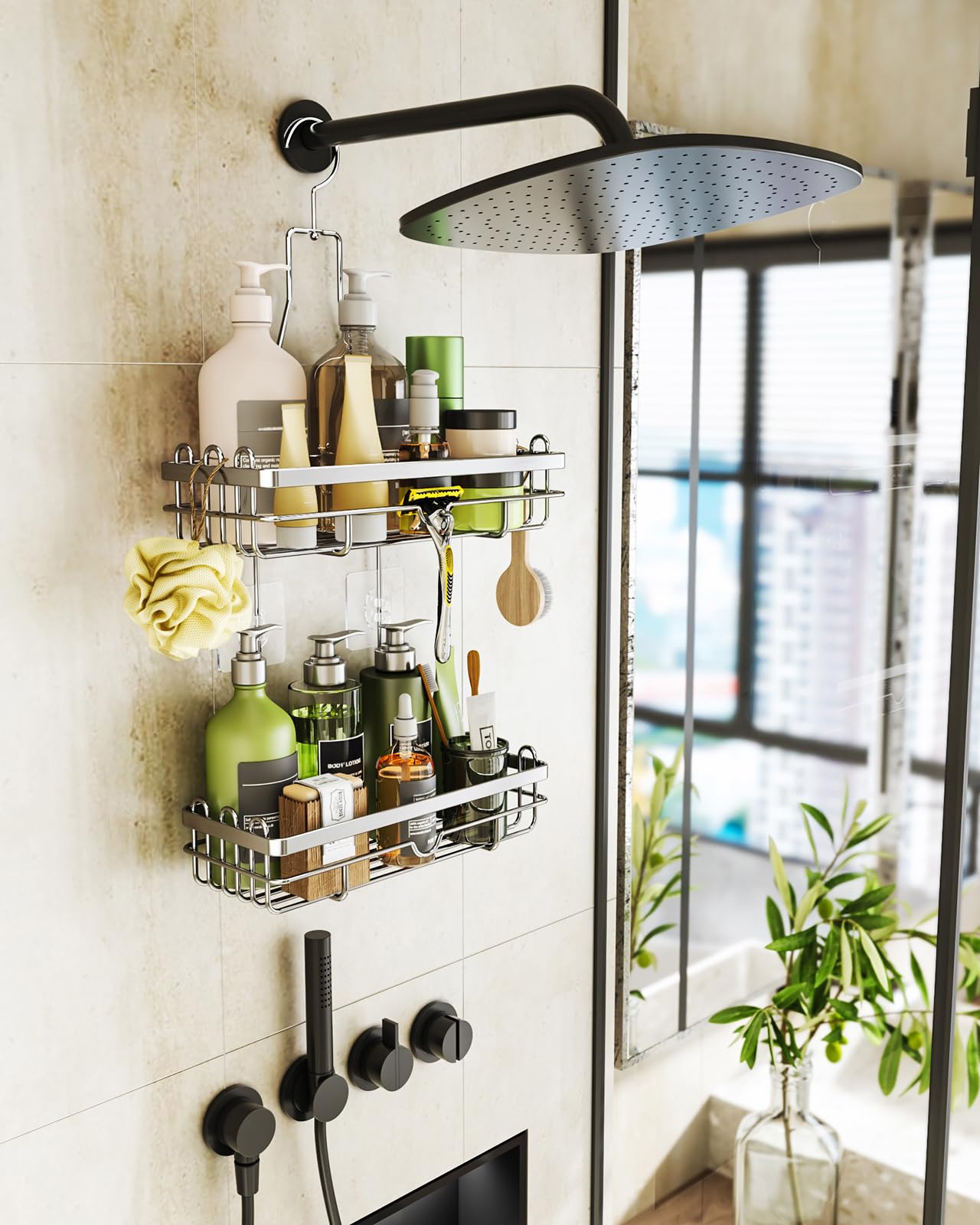 HapiRm hanging shower caddy with multiple hooks - high-quality stainless steel hanging shower shelf without drilling, silver color.