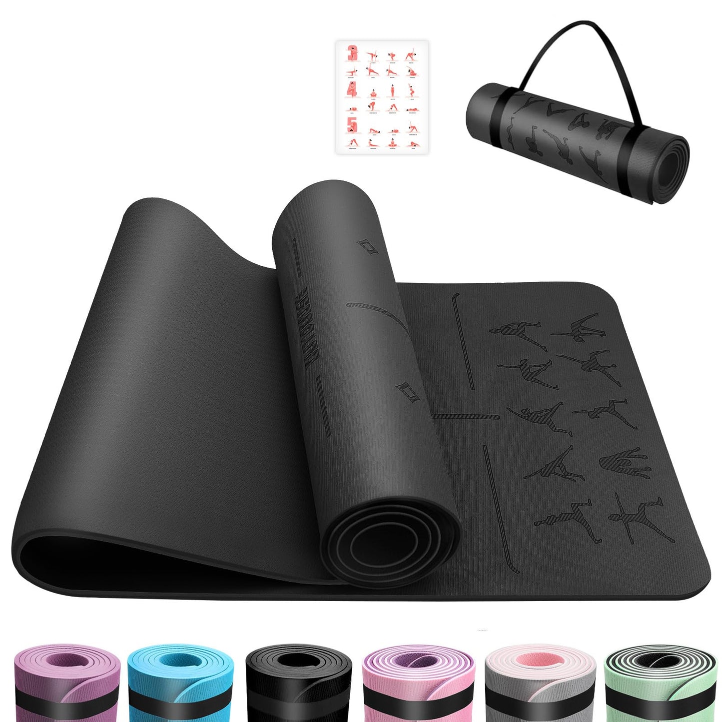OUTDOUSE Yoga Mat, TPE 6mm Thick Skin-Friendly Non-Slip Exercise Mat for Pilates, Aerobics, Gymnastics, Meditation, Stretching with Carrying Strap. Home Workout Sports Mat 183x61cm.