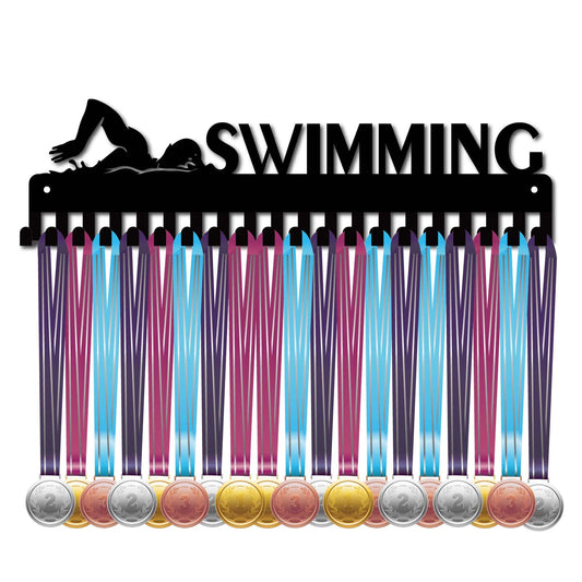 CREATCABIN Medal Holder Display Hanger Rack for Sports like Swimming, with 20 Hooks for Race Runner, Gymnast, Turner. Holds over 60 Medals, Black, 15.7 x 4.4 inches.