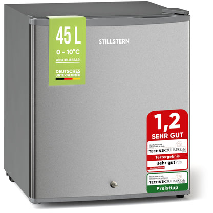 Silentstar Mini Fridge E 45L with automatic defrost, lock, freezer compartment, quiet, ideal for kitchen, office, bedroom, hotels and small apartments. Small fridge minibar drinks fridge silver.