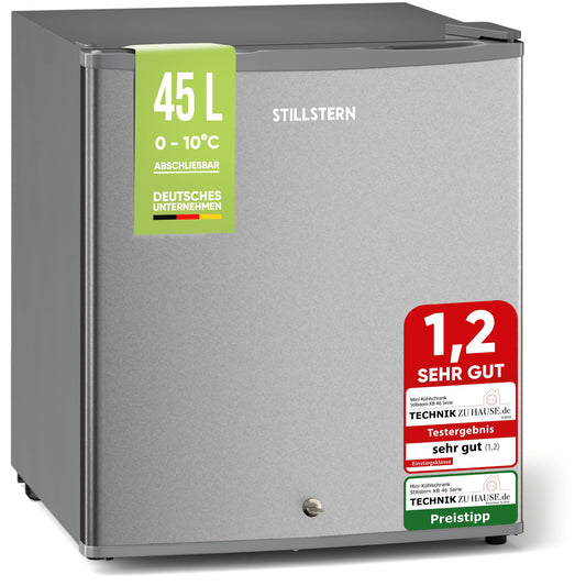 Silentstar Mini Fridge E 45L with automatic defrost, lock, freezer compartment, quiet, ideal for kitchen, office, bedroom, hotels and small apartments. Small fridge minibar drinks fridge silver.