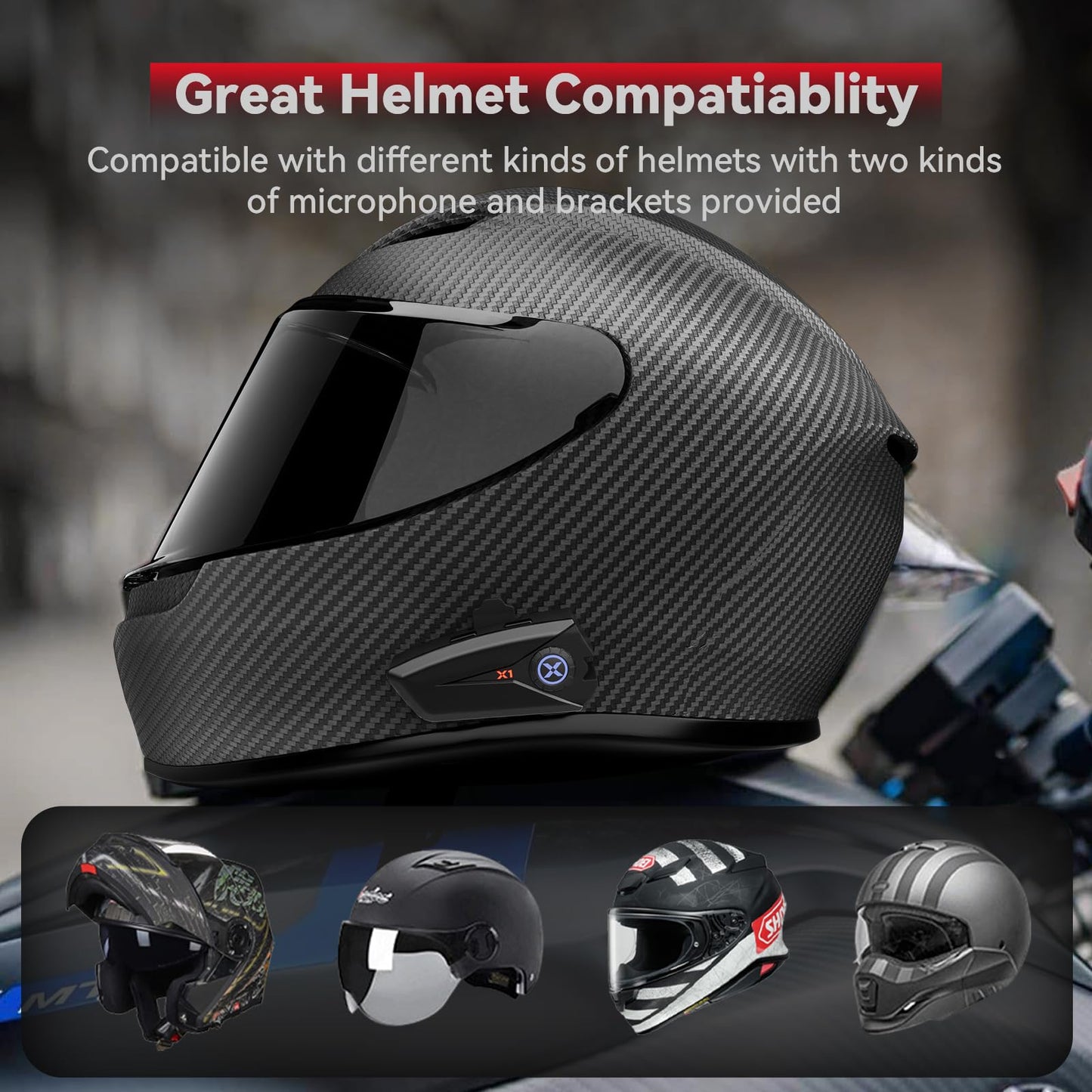 XGP X1 Motorcycle Bluetooth Headset V5.3 with voice assistant, 40mm helmet headphones with IP67 waterproof rating, motorcycle helmet Bluetooth 60 hours playtime for ski/snowboard.