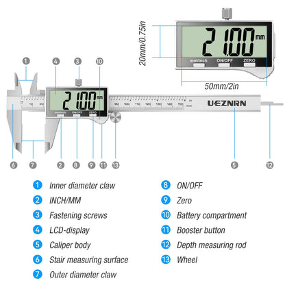 Digital caliper with large LCD screen, digital caliper with splash and dust protection, caliper with spare battery and storage box (silver)