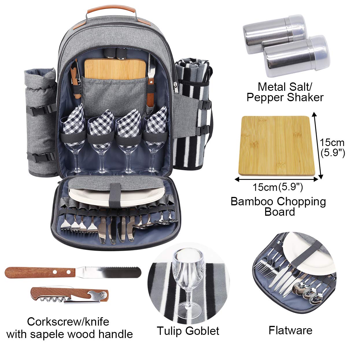 Sunflora Picnic Backpack Set for 4 with Insulated Cooling and Blanket, Picnic Basket for 4 People for Camping Outdoor (Gray)