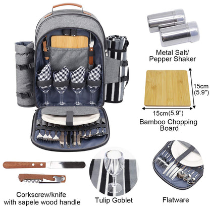 Sunflora Picnic Backpack Set for 4 with Insulated Cooling and Blanket, Picnic Basket for 4 People for Camping Outdoor (Gray)