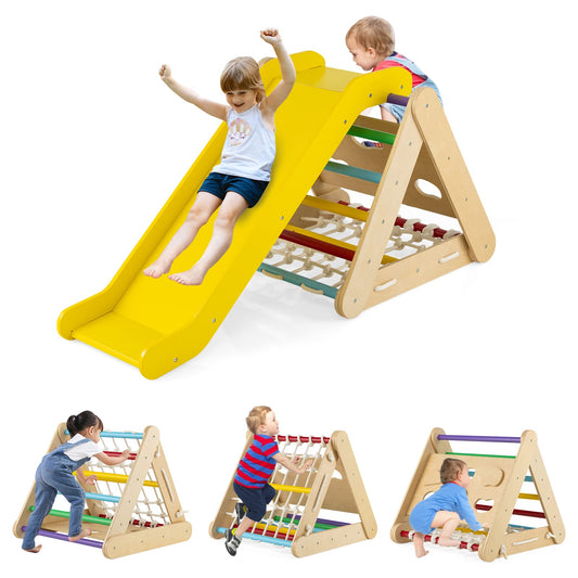 GOPLUS 3 in 1 climbing triangle with slide, climbing frame with ladder & net & board for children, indoor wooden toy for toddlers from 1 year, Triangle Gym with ramp for children's room (Colorful)