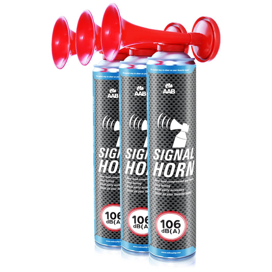3 x AAB signal horn - loud air horn 106 dB(A), soccer fan merchandise with non-flammable gas, up to 320 short beeps, fanfare, stadium air horn, pressurized air trumpet.