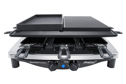 Steba Premium Raclette RC 4 Plus Deluxe Chrome | Made IN Germany | Non-stick die-cast grill plate | Natural stone grill plate, cut and scratch resistant | Includes reversible cast pan with smooth surface.