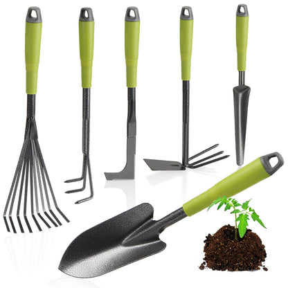 com-four® 6-piece garden tool set - garden set with double hoe, small grubber, joint scraper, hand rake, flower trowel - gardening tool for plants and gardening (6-piece garden set)