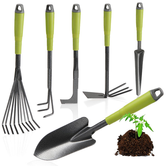 com-four® 6-piece garden tool set - garden set with double hoe, small grubber, joint scraper, hand rake, flower trowel - gardening tool for plants and gardening (6-piece garden set)