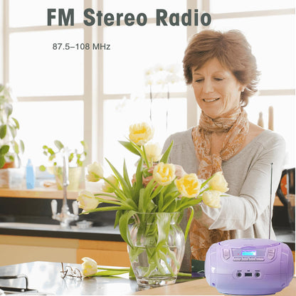 Portable CD Player for Kids - Radio CD Boombox with Bluetooth, FM Radio, USB Input & AUX Connection & Headphone Jack, CD Player for home or on the go (Light Purple)