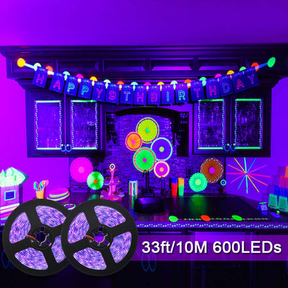 dystaval 10M blacklight LED strip, UV LED strip 33ft UV blacklight LED ribbon with transformer, 600 pieces 2835 LEDs, 12V 3A flexible blacklight fixtures for decorative lighting party lighting