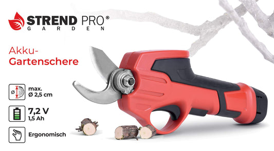 STREND PRO Electric Pruner for easy garden and tree trimming - Pruner with max. 22mm cutting capacity, Electric garden shears 7.2V Li-Ion battery, vine scissors, rechargeable grass shears/tree pruner.