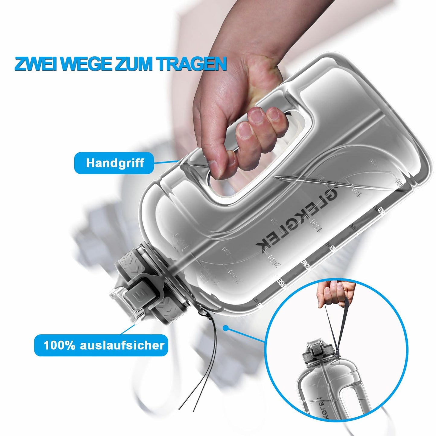 GLEKGLEK 3 Liter sports water bottle with straw BPA free Time markings Large water bottle for gym workout training (Gray)