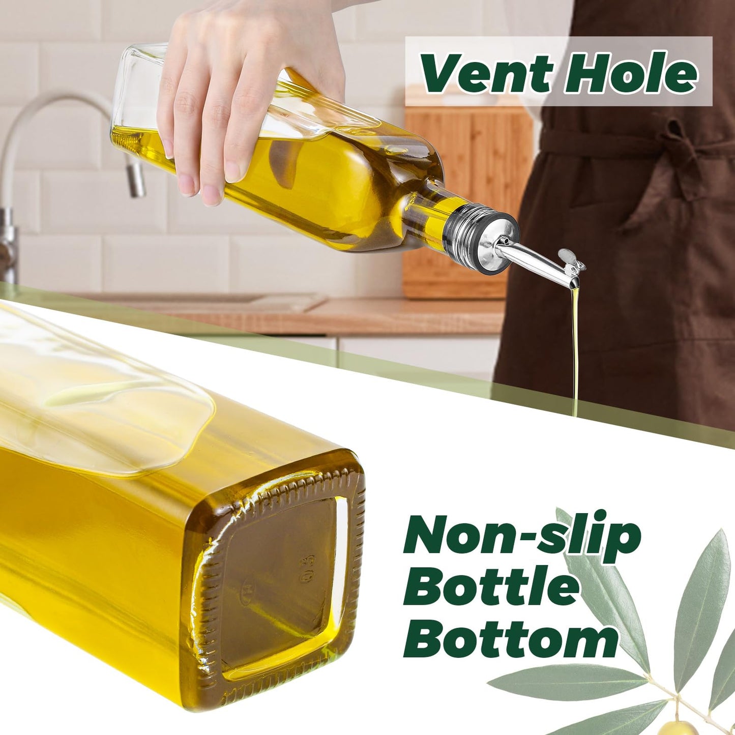 Oil bottle, 4x 500 ml vinegar and oil dispenser, olive oil bottle with funnel, anti-drip lid, label, glass bottle for kitchen and BBQ (transparent, 500ml)