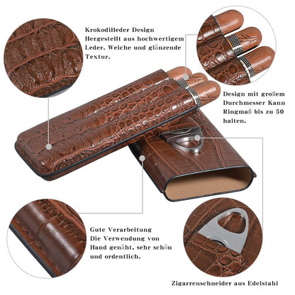 Volenx Cigar Case, 3 Tube Humidor with Cigar Cutter, Portable Travel Humidor Cigars made from Crocodile Grain Leather, Great Gifts for Men (Brown)
