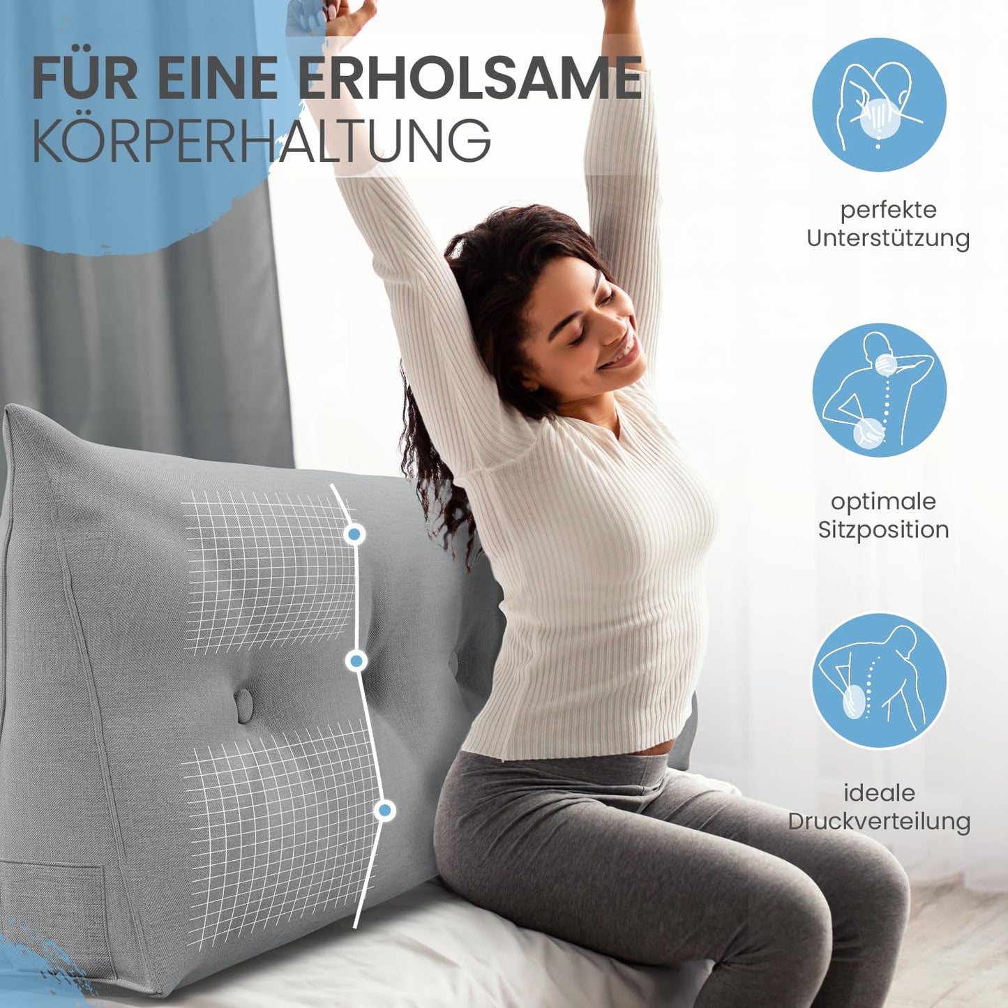 ELONEO back cushion 160 cm wide, wedge pillow suitable for bed and sofa, triangular reading pillow, pillow with removable and washable cover, with convenient side pocket.