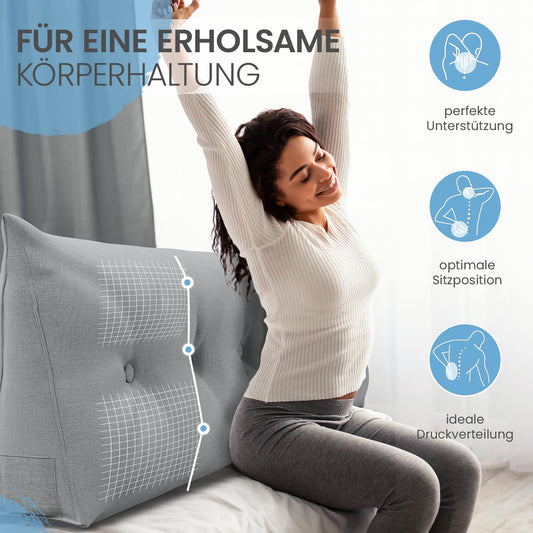 ELONEO back cushion 160 cm wide, wedge pillow suitable for bed and sofa, triangular reading pillow, pillow with removable and washable cover, with convenient side pocket.