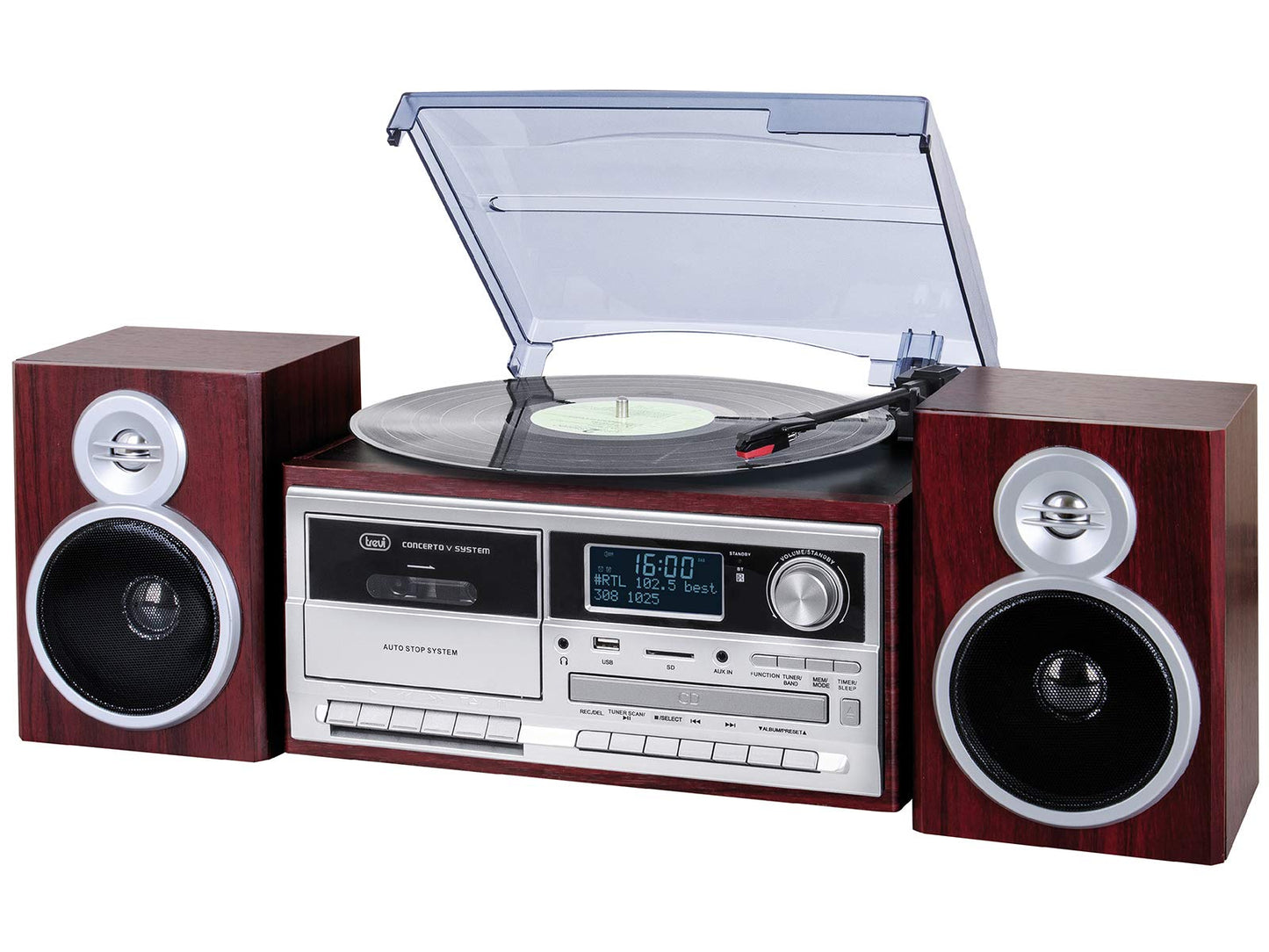Trevi TT 1072 DAB, 33, 45 and 78 RPM vinyl turntable, Wireless vinyl player, CD and MP3 player, USB and SD, 25W, Digital radio DAB/DAB+ FM, Headphone jack, Bass reflex speakers, Wood