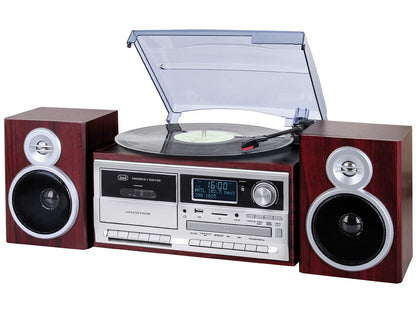 Trevi TT 1072 DAB, 33, 45 and 78 RPM vinyl turntable, Wireless vinyl player, CD and MP3 player, USB and SD, 25W, Digital radio DAB/DAB+ FM, Headphone jack, Bass reflex speakers, Wood