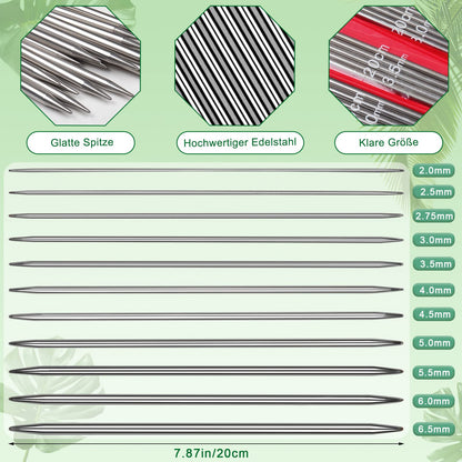 Coopay Knitting Needle Set - 55 Pieces Stainless Steel Double Pointed with Yarn, Knitting Accessories, and Bag, 20 cm Needle Set 2.0-6.5 mm for Socks, Abundant Gift