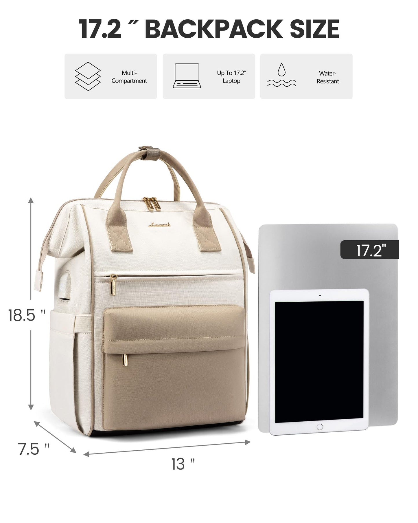LOVEVOOK Backpack for Women, 17 Inch Laptop Work Bag Travel Backpack School Bag Large, Waterproof Daypacks Teacher Bag Backpack Women Elegant for Work Travel School College Office, Beige