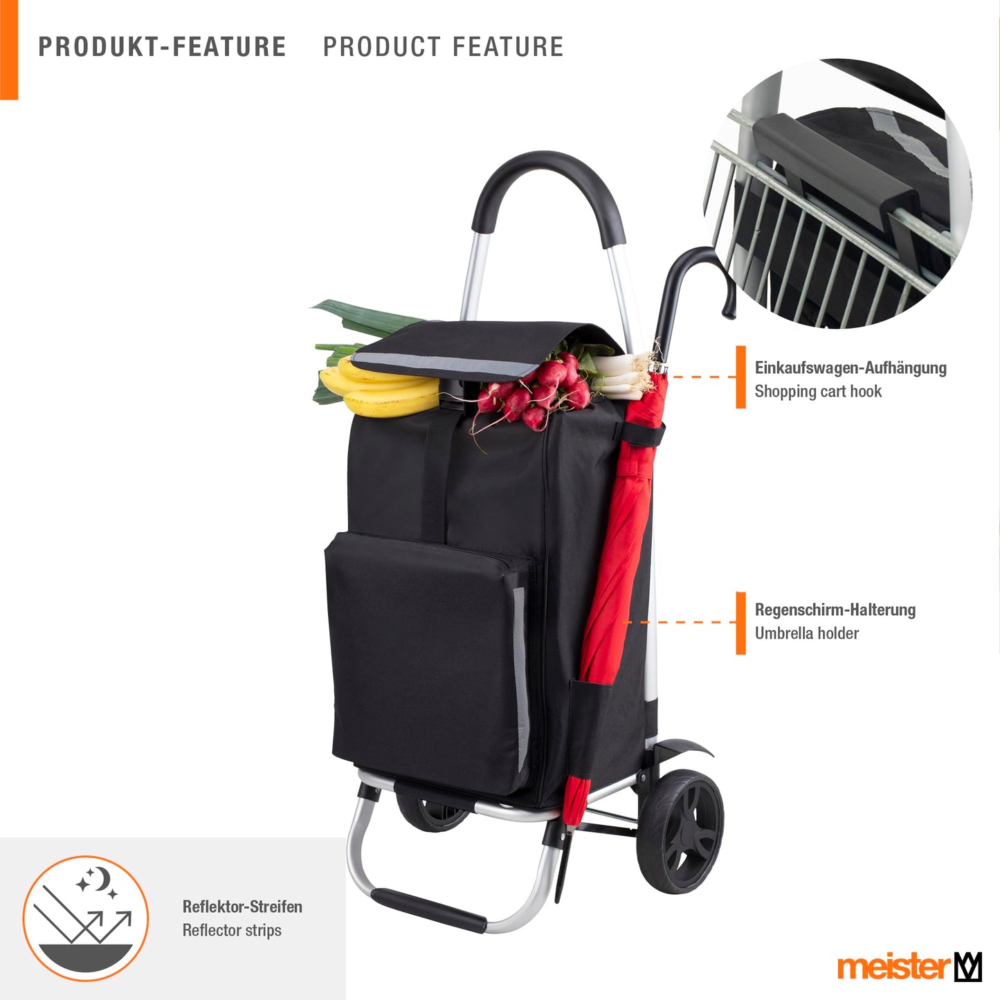 Master Shopping Trolley Black, 54 + 5 L - Foldable shopping cart with large wheels & cooler compartment - Detachable, waterproof bag - With hook for shopping cart