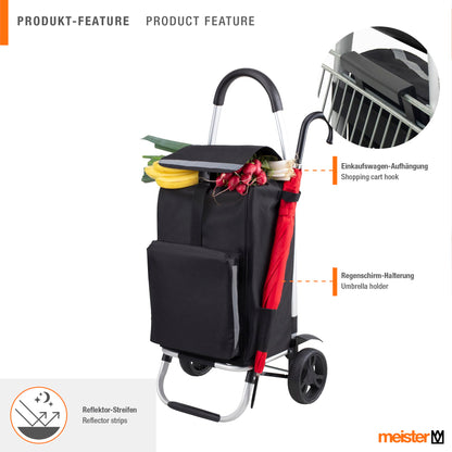 Master Shopping Trolley Black, 54 + 5 L - Foldable shopping cart with large wheels & cooler compartment - Detachable, waterproof bag - With hook for shopping cart