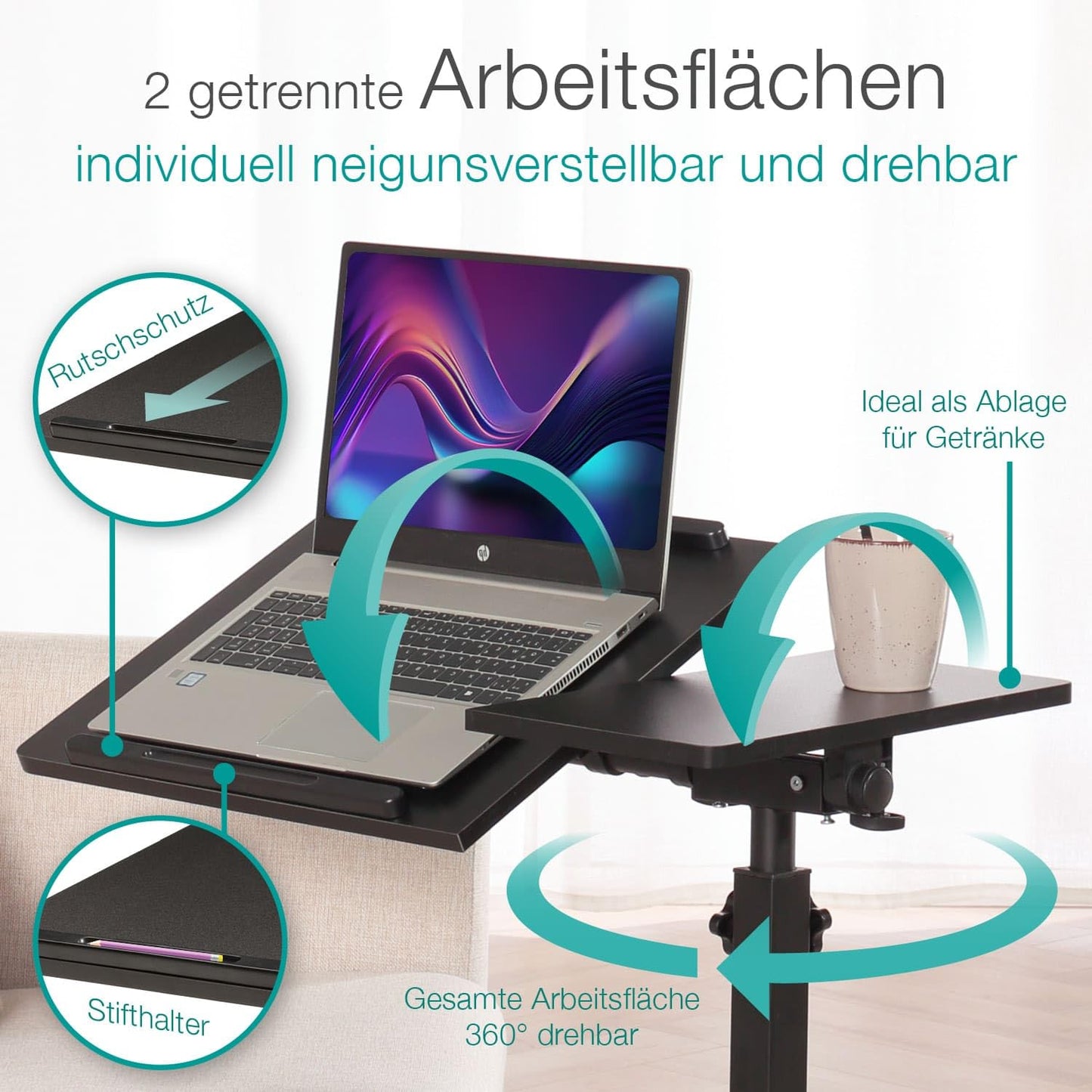 ELONEO maxVitalis mobile overbed table on wheels, standing table with adjustable height/width, tiltable/foldable tabletop, bedside table for hospital bed, nursing bed, laptop table (Black)