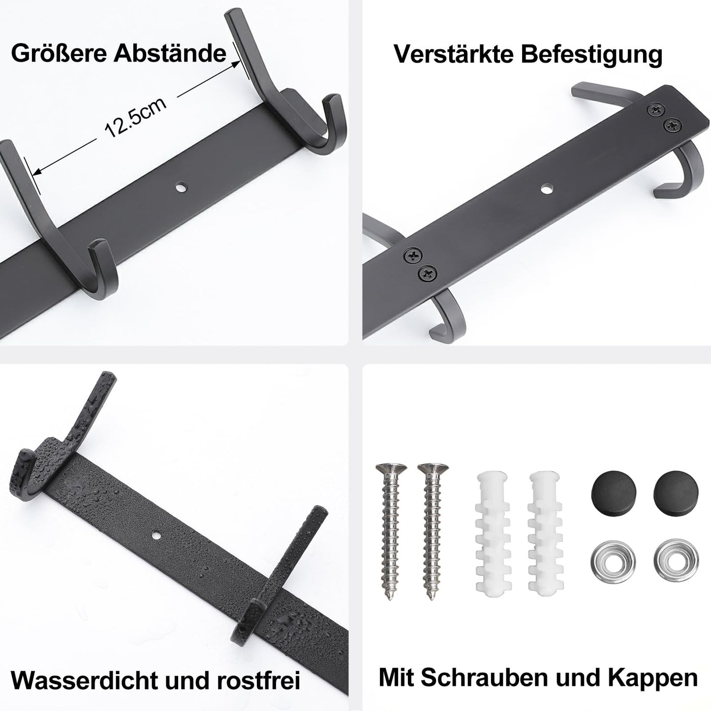 Qiannhee 43CM Black Hook Rack Up to 40KG Heavy Duty Stainless Steel Wall-Mounted Coat Rack 4 Hooks Coat Hooks Children for Bathroom Kitchen Jackets Entryway, 2 Pieces