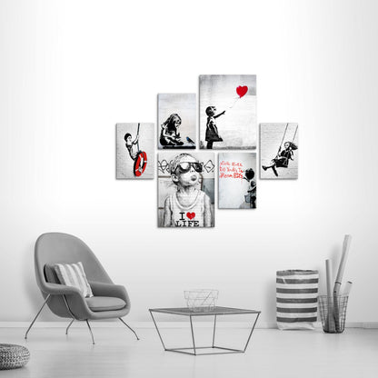 Novart Wall Art Set Banksy Collage Street Art Gray - NO EXTRA FRAME NEEDED - Modern Decor - Living Room Office Loft N003163a