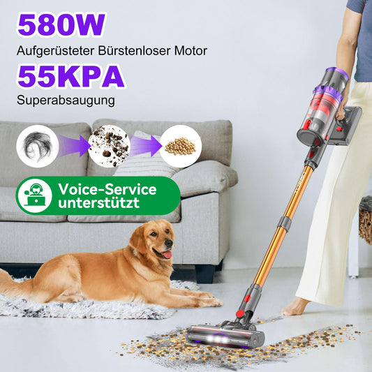 coovy SU7 Cordless Vacuum Cleaner, 580W/75min/55000Pa Strong Suction, Cordless Stick Vacuum with Large Display, Automatic Mode for Carpet, Pet Hair, Hard Floors
