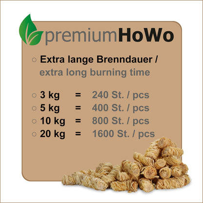 premiumHoWo (20kg = approx. 1600 pieces) Fireplace, grill, and stove starters - Eco-firelighters, wood wool, ideal for fireplace and grill - top quality Made in Germany - Also available in (3kg / 5kg / 10kg) sizes.
