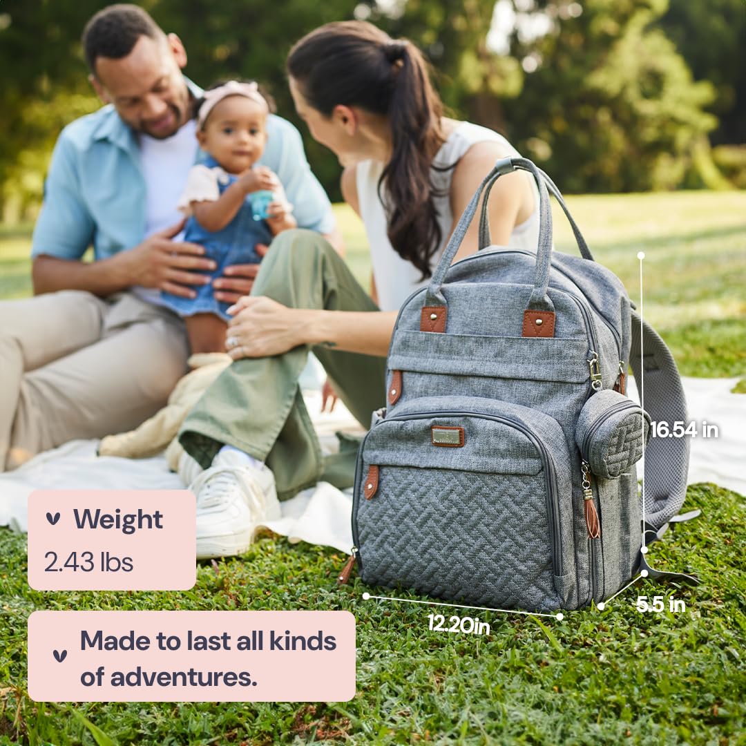 BabbleRoo Diaper Bag Backpack - Large capacity, 17 pockets, water resistant - with changing pad, detachable pacifier holder, stroller straps - Travel backpack for Mom & Dad