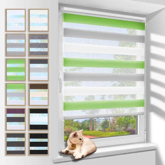 Zarnan Double Roller Blind Clamp Fix without drilling Green-grey-white 40x140cm (fabric width 36cm) Duo Roller Blind opaque Zebra Roller Blinds for windows without drilling for living room kitchen office translucent