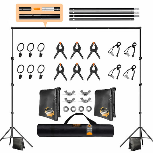 2.6x3m Photo Studio Background System Adjustable Photo Background Stand Set for Photography Party with 1 Carrying Bag, Support System Stand for Photos, Videos, Studio, 6 Spring Clamps, 2 Sandbags